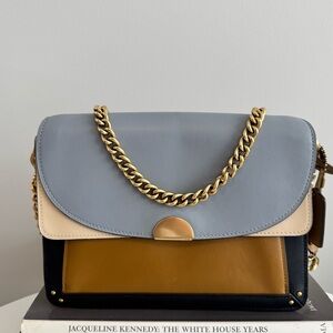 Coach Leather Charm Dreamer Flap Messenger Bag Navy Tan Beige Gold